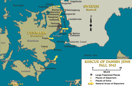 Mapa do resgate de Judeus da Dinamarca para a Suécia.
