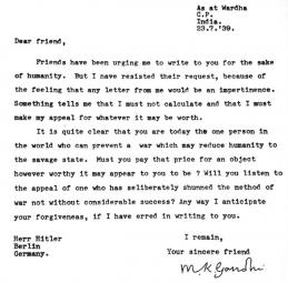 Carta de Gandhi para Hitler com apelo para a paz.