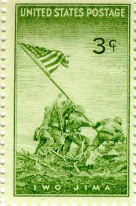 Selo postal assinalando a famosa imagem de Rosenthal. Foi publicada apenas cinco meses depois do hastear da bandeira e vendido mais de 137 milhões de vezes.