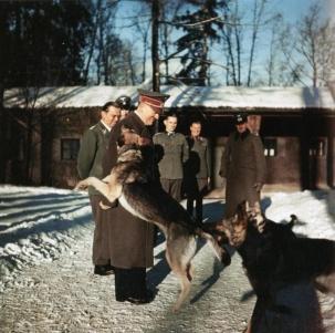 Adolf Hitler a brincar com o seu pastor-alemão "Blondi" em Wolfsschanze.