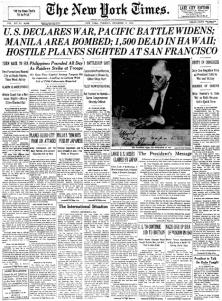 Capa do "The New York Times" no dia da declaração de guerra dos Estados Unidos contra o Japão.